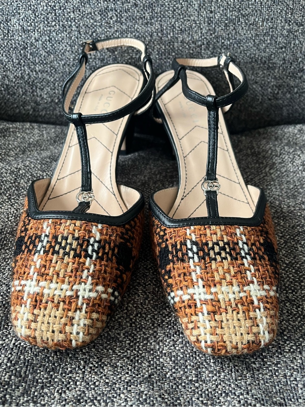 Rare Gucci Marmont T-Strap heels, brown and black tweed, black leather heel